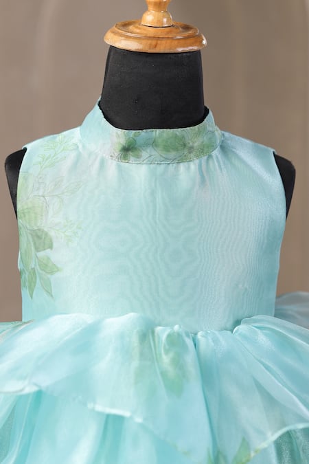 Buy_Casa Ninos_Blue Organza, Satin Printed Halter Neck Layered Dress _Online_at_Aza_Fashions