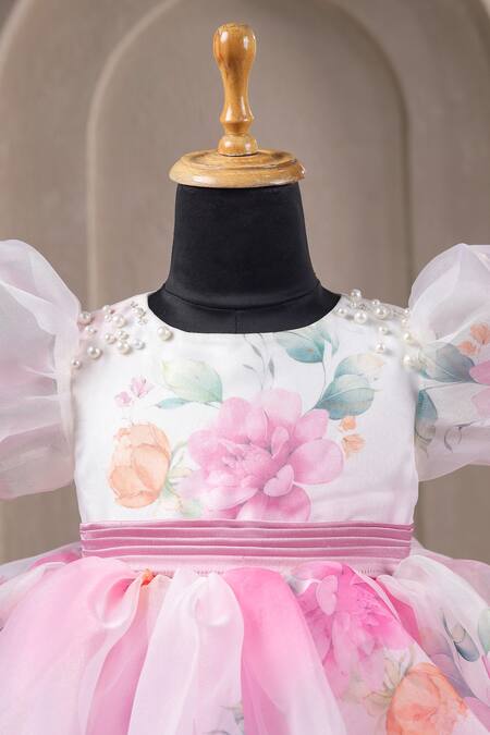 Casa Ninos_White Organza, Satin Pearls, Bows Floral Pintucks Belt Dress _Online_at_Aza_Fashions