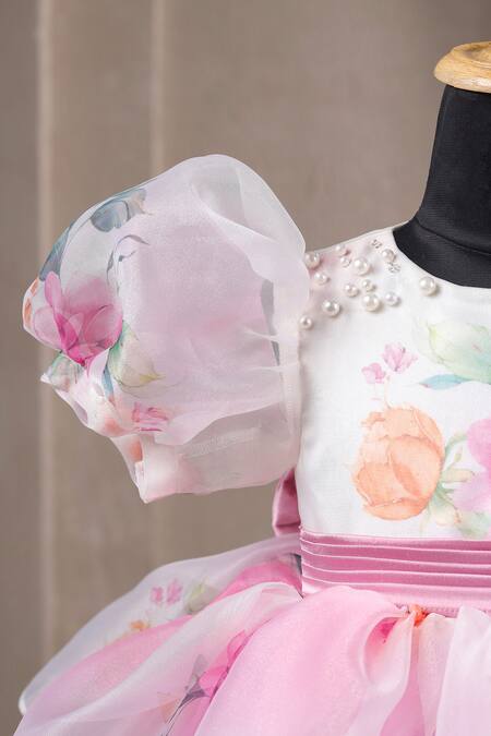 Buy_Casa Ninos_White Organza, Satin Pearls, Bows Floral Pintucks Belt Dress _Online_at_Aza_Fashions