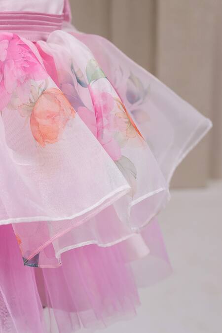 Shop_Casa Ninos_White Organza, Satin Pearls, Bows Floral Pintucks Belt Dress _Online_at_Aza_Fashions