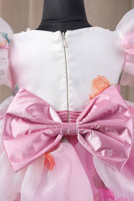 Casa Ninos_White Organza, Satin Pearls, Bows Floral Pintucks Belt Dress _at_Aza_Fashions