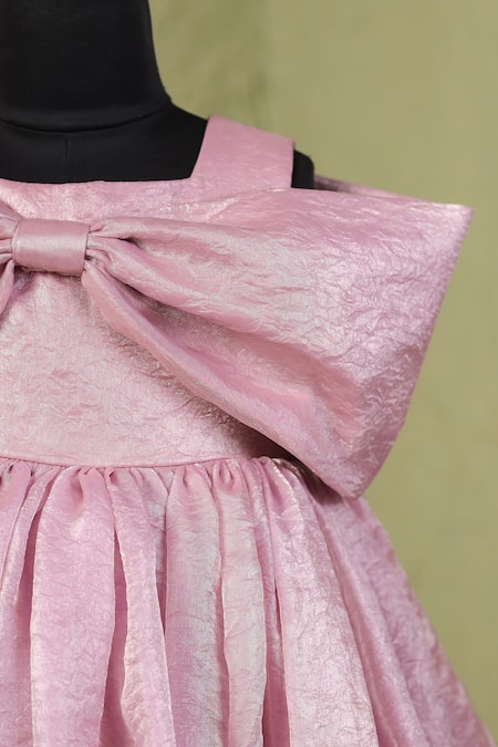 Casa Ninos_Pink Satin Bows Yoke Fit And Flare Dress _Online_at_Aza_Fashions