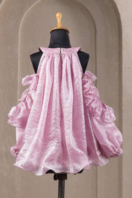 Casa Ninos_Pink Satin Pearls Cold Shoulder Dress _Online_at_Aza_Fashions