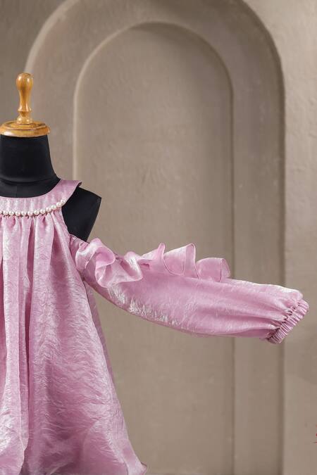 Shop_Casa Ninos_Pink Satin Pearls Cold Shoulder Dress _Online_at_Aza_Fashions