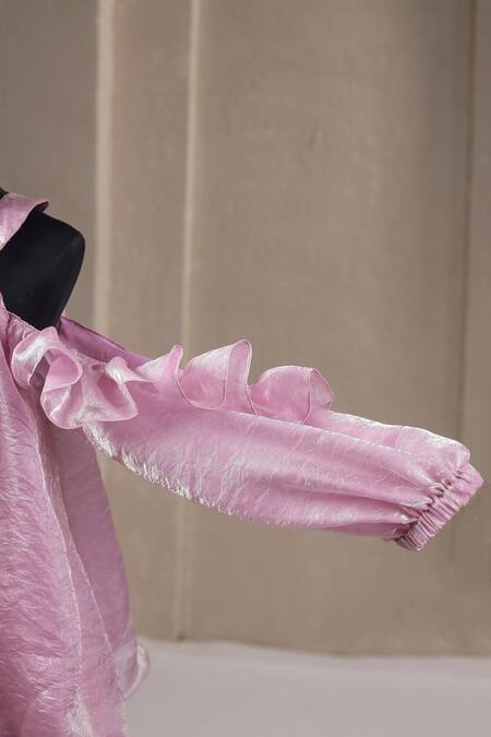 Buy_Casa Ninos_Pink Satin Pearls Cold Shoulder Dress 