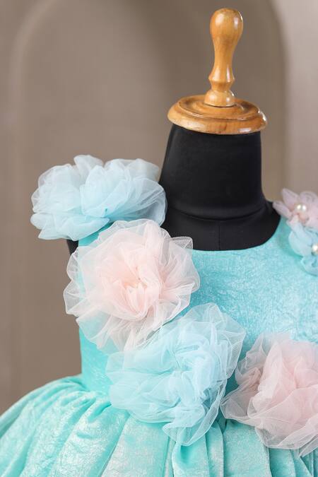 Casa Ninos_Blue Satin Fabric Flowers, Pearls Embellished Fit And Flare Dress _Online_at_Aza_Fashions