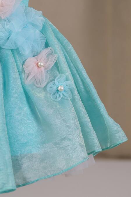 Buy_Casa Ninos_Blue Satin Fabric Flowers, Pearls Embellished Fit And Flare Dress _Online_at_Aza_Fashions