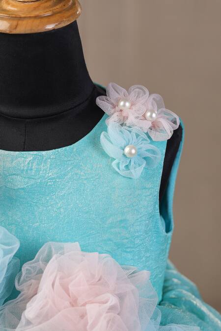 Shop_Casa Ninos_Blue Satin Fabric Flowers, Pearls Embellished Fit And Flare Dress _Online_at_Aza_Fashions