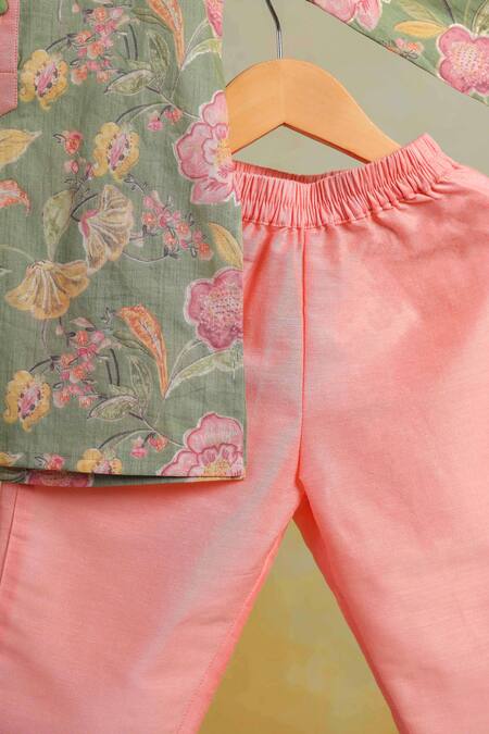 Buy_Casa Ninos_Green Cotton Floral Kurta Set _Online_at_Aza_Fashions