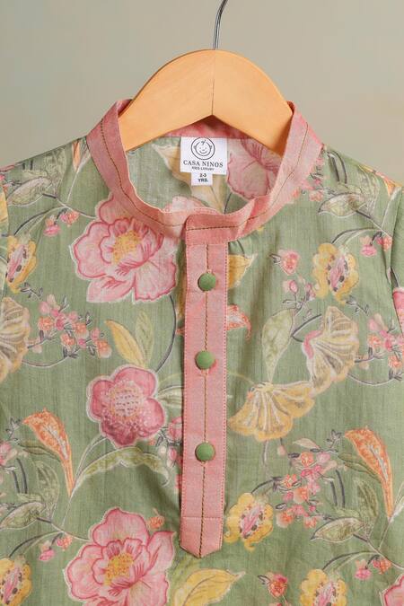 Shop_Casa Ninos_Green Cotton Floral Kurta Set _Online_at_Aza_Fashions