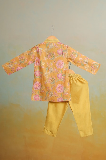 Casa Ninos Floral Print Yellow Kurta Set 