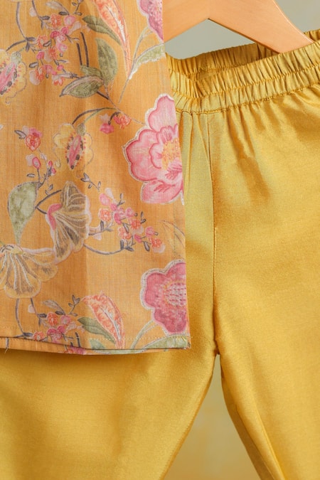 Buy_Casa Ninos_Yellow Cotton Floral Print Kurta Set _Online_at_Aza_Fashions