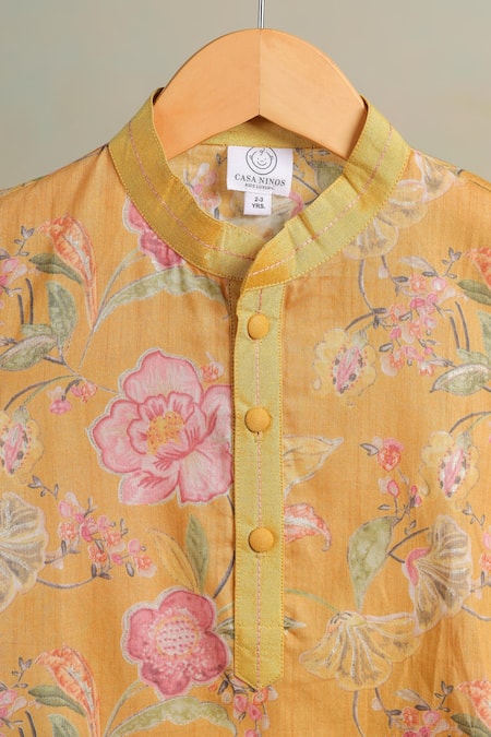 Shop_Casa Ninos_Yellow Cotton Floral Print Kurta Set _Online_at_Aza_Fashions