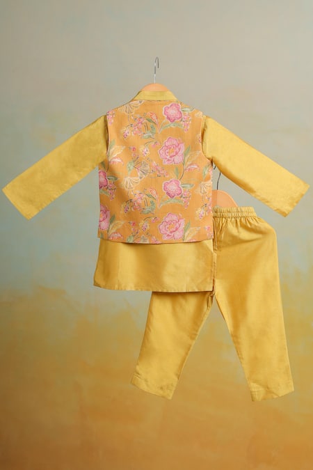Casa Ninos Floral Yellow Kurta Set with Jacket 