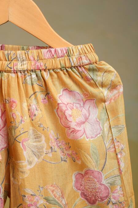 Shop_Casa Ninos_Yellow Cotton Lace Floral Kurta And Sharara Set _Online_at_Aza_Fashions