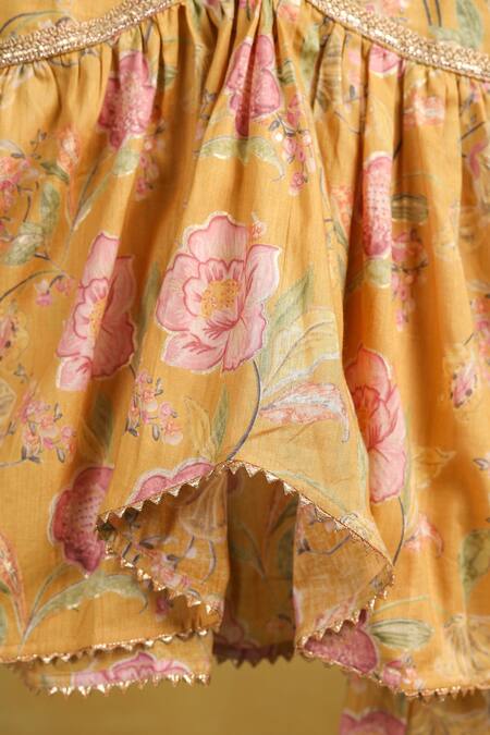 Casa Ninos_Yellow Cotton Lace Floral Kurta And Sharara Set _at_Aza_Fashions