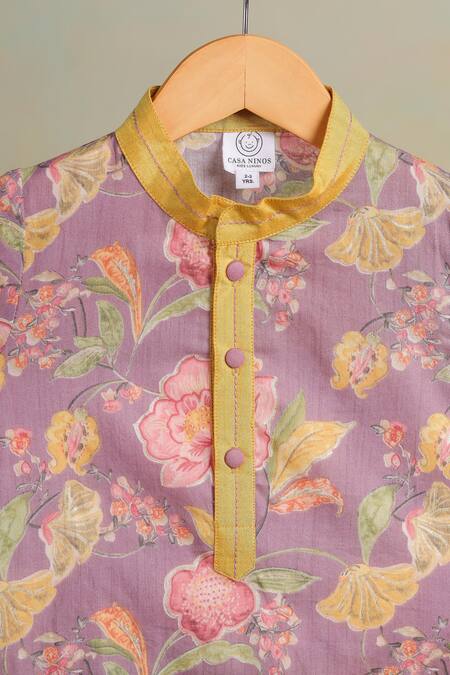 Buy_Casa Ninos_Purple Cotton Floral Kurta Set_Online_at_Aza_Fashions