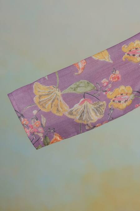 Casa Ninos_Purple Cotton Pom-poms Floral Print Fit And Flare Dress_Online_at_Aza_Fashions