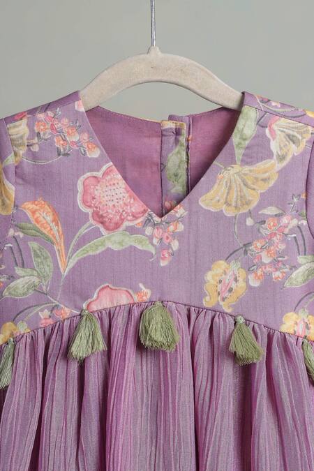 Shop_Casa Ninos_Purple Cotton Pom-poms Floral Print Fit And Flare Dress_Online_at_Aza_Fashions