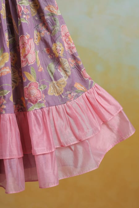 Casa Ninos_Purple Cotton Floral Lehenga Set_at_Aza_Fashions