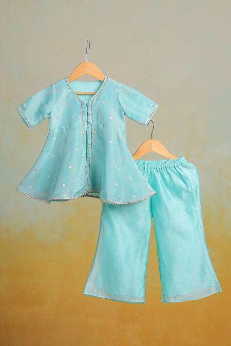 Casa Ninos_Blue Tissue Embroidery Sky Polka Kurta Sharara Set _Online_at_Aza_Fashions