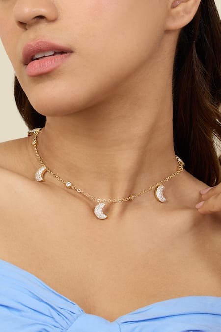 Shop Isharya Gold Plated Crescent Shimmer Charm Necklace Online at Aza Fashions Shop_Isharya_Gold Plated Crescent Shimmer Charm Necklace _Online_at_Aza_Fashions