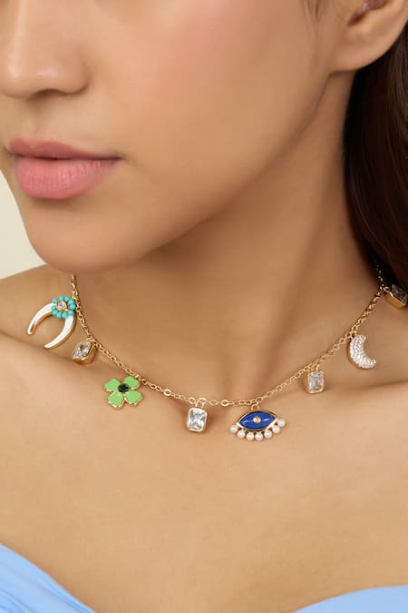 Shop_Isharya_Multi Color Lucky Charm Necklace With Enamel And Stones_Online_at_Aza_Fashions