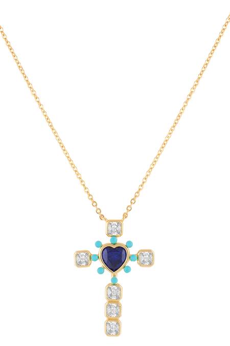 Isharya_Blue Cross My Heart Pendant Necklace _Online_at_Aza_Fashions