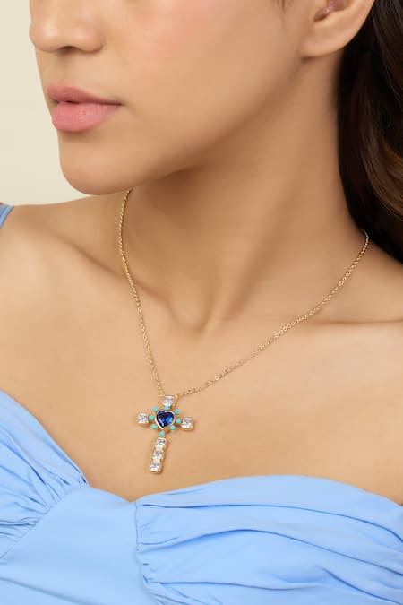 Buy_Isharya_Blue Cross My Heart Pendant Necklace _Online_at_Aza_Fashions