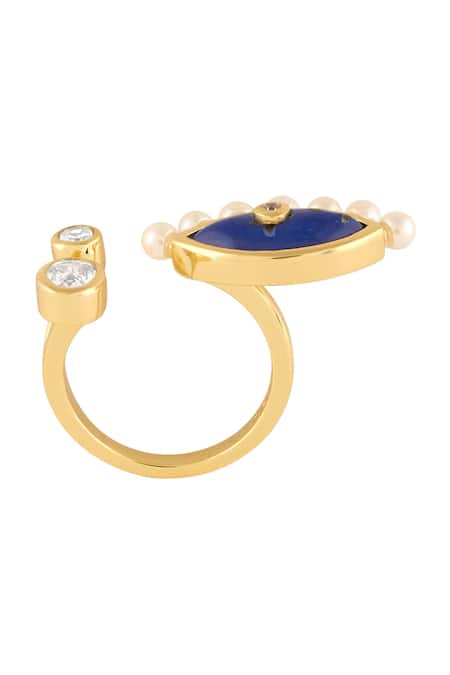 Isharya_Blue Stones, Pearls Two-head Lapis Lazuli Ring _Online_at_Aza_Fashions