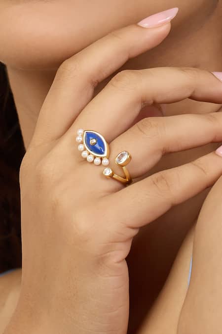 Shop_Isharya_Blue Stones, Pearls Two-head Lapis Lazuli Ring _Online_at_Aza_Fashions