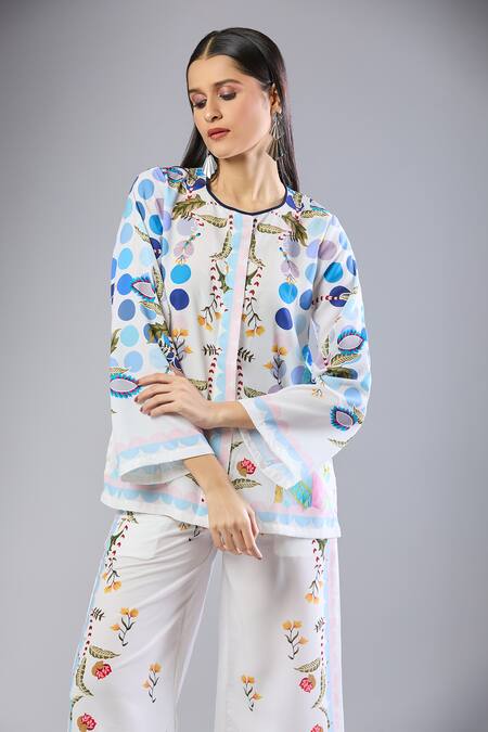 Naintara Bajaj_White Round Neck Floral Print Pant Set _Online_at_Aza_Fashions