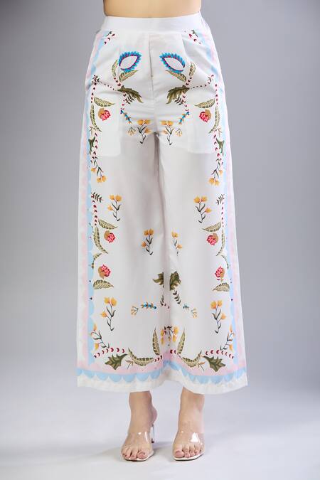 Buy_Naintara Bajaj_White Round Neck Floral Print Pant Set _Online_at_Aza_Fashions