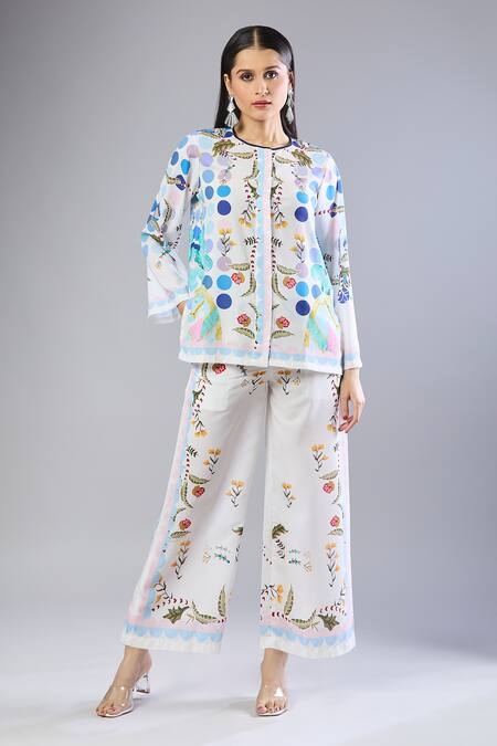 Naintara Bajaj_White Round Neck Floral Print Pant Set _at_Aza_Fashions