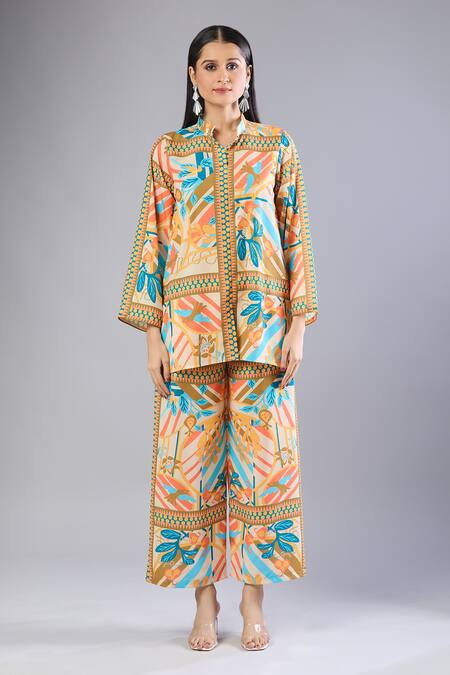 Shop Naintara Bajaj Multi Color Collared Multicolour Printed Kurta And Pant Set Online at Aza Fashions Shop_Naintara Bajaj_Multi Color Collared Multicolour Printed Kurta And Pant Set _Online_at_Aza_Fashions