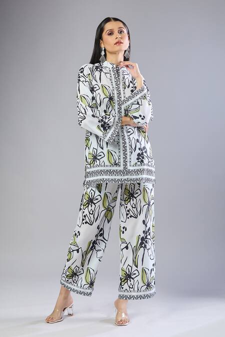 Naintara Bajaj White Mandarin Collar Beige Floral Printed Kurta Pant Set Online at Aza Fashions Naintara Bajaj_White Mandarin Collar Beige Floral Printed Kurta Pant Set _Online_at_Aza_Fashions