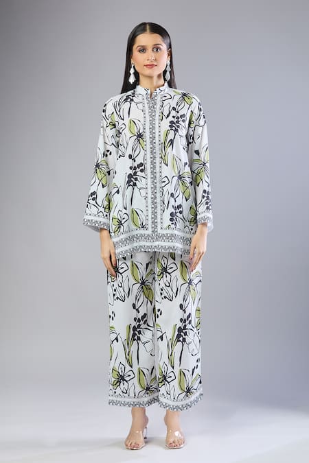 Shop Naintara Bajaj White Mandarin Collar Beige Floral Printed Kurta Pant Set Online at Aza Fashions Shop_Naintara Bajaj_White Mandarin Collar Beige Floral Printed Kurta Pant Set _Online_at_Aza_Fashions