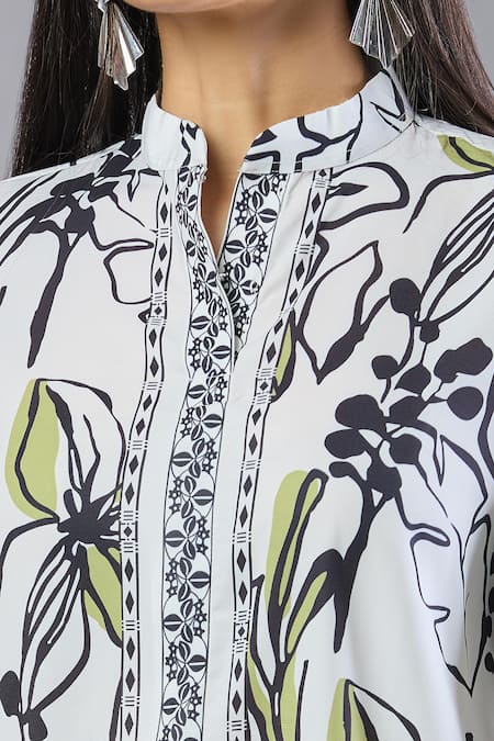 Buy Naintara Bajaj White Mandarin Collar Beige Floral Printed Kurta Pant Set Buy_Naintara Bajaj_White Mandarin Collar Beige Floral Printed Kurta Pant Set