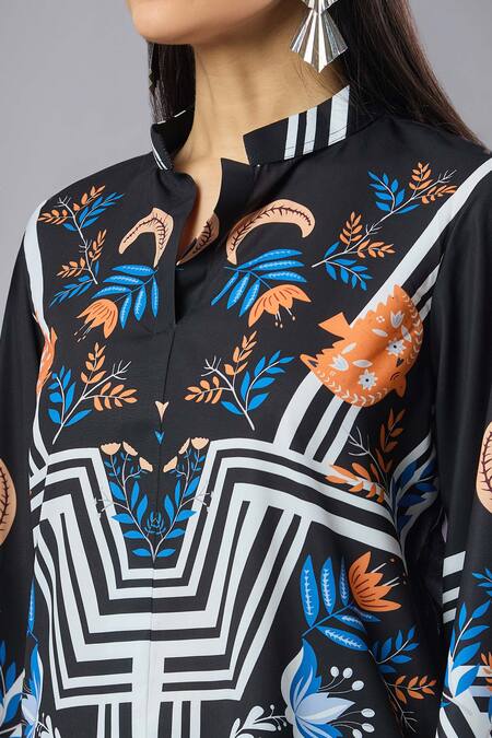 Buy Naintara Bajaj Black Embroidery Mandarin Collar Printed Top With Pant Online at Aza Fashions Buy_Naintara Bajaj_Black Embroidery Mandarin Collar Printed Top With Pant _Online_at_Aza_Fashions