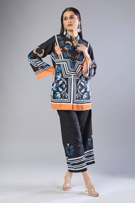 Shop Naintara Bajaj Black Embroidery Mandarin Collar Printed Top With Pant Online at Aza Fashions Shop_Naintara Bajaj_Black Embroidery Mandarin Collar Printed Top With Pant _Online_at_Aza_Fashions