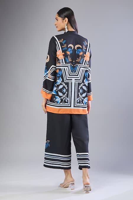 Shop Naintara Bajaj Black Embroidery Mandarin Collar Printed Top With Pant at Aza Fashions Shop_Naintara Bajaj_Black Embroidery Mandarin Collar Printed Top With Pant _at_Aza_Fashions