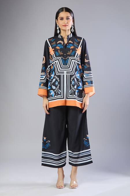 Naintara Bajaj Black Embroidery Mandarin Collar Printed Top With Pant at Aza Fashions Naintara Bajaj_Black Embroidery Mandarin Collar Printed Top With Pant _at_Aza_Fashions