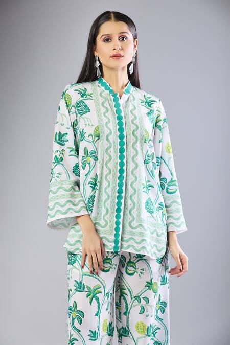Naintara Bajaj White Mandarin Collar Teal Printed Kurta Set With Pants Online at Aza Fashions Naintara Bajaj_White Mandarin Collar Teal Printed Kurta Set With Pants _Online_at_Aza_Fashions