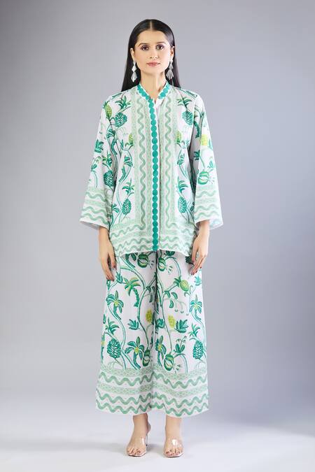 Shop Naintara Bajaj White Mandarin Collar Teal Printed Kurta Set With Pants Online at Aza Fashions Shop_Naintara Bajaj_White Mandarin Collar Teal Printed Kurta Set With Pants _Online_at_Aza_Fashions