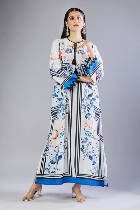 Samyukta Singhania_Multi Color Tassels Round Neck Printed Blue Maxi Dress_Online_at_Aza_Fashions