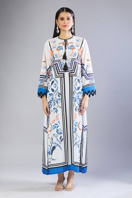 Buy_Samyukta Singhania_Multi Color Tassels Round Neck Printed Blue Maxi Dress_Online_at_Aza_Fashions