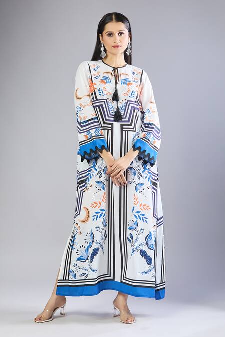 Shop_Samyukta Singhania_Multi Color Tassels Round Neck Printed Blue Maxi Dress_Online_at_Aza_Fashions