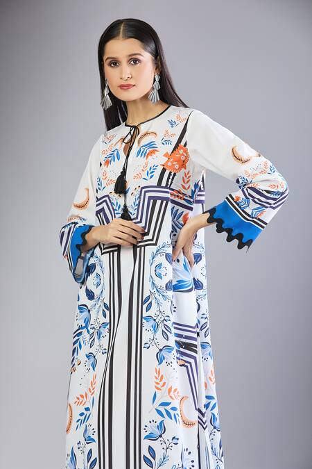 Samyukta Singhania_Multi Color Tassels Round Neck Printed Blue Maxi Dress_at_Aza_Fashions