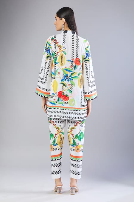 Shop Naintara Bajaj Multi Color Mandarin Collar Floral Printed Kurta And Trouser Set at Aza Fashions Shop_Naintara Bajaj_Multi Color Mandarin Collar Floral Printed Kurta And Trouser Set _at_Aza_Fashions