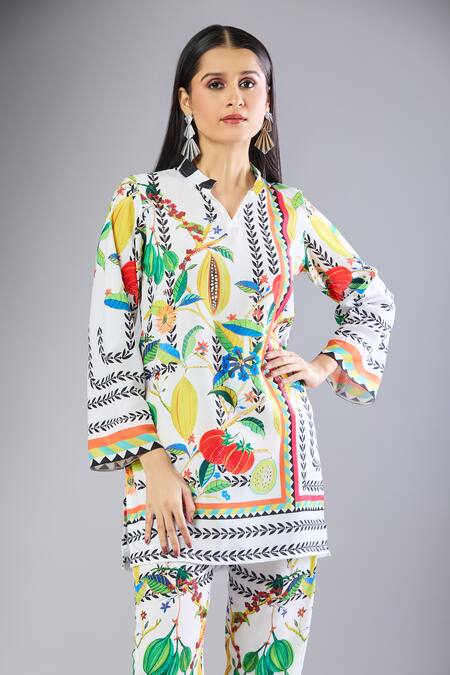 Naintara Bajaj Multi Color Mandarin Collar Floral Printed Kurta And Trouser Set at Aza Fashions Naintara Bajaj_Multi Color Mandarin Collar Floral Printed Kurta And Trouser Set _at_Aza_Fashions